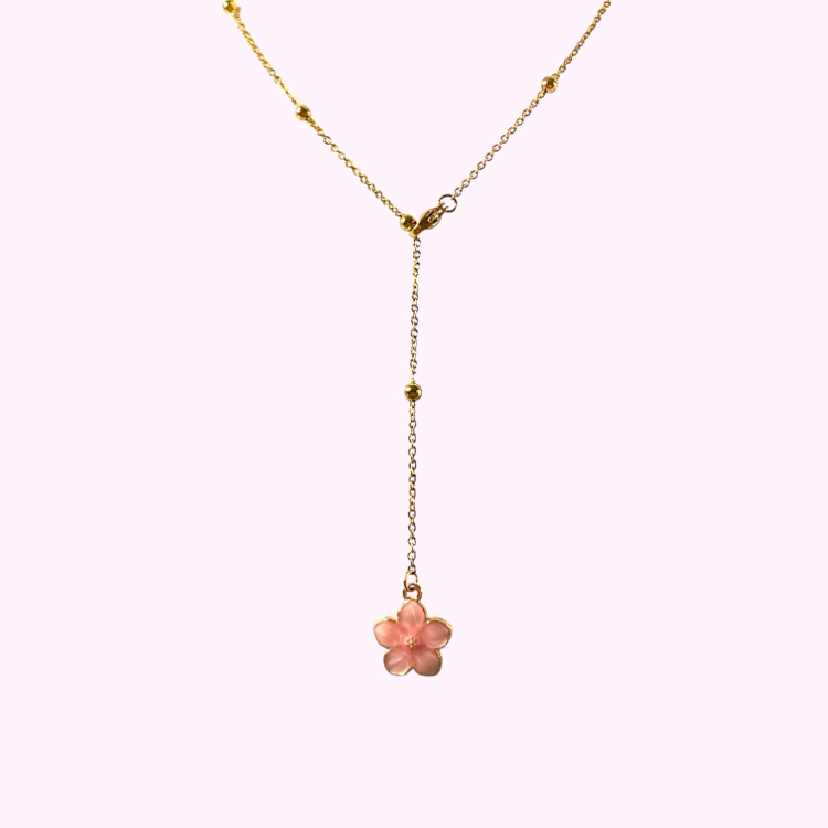 minimal pembe çiçekli Y kolye