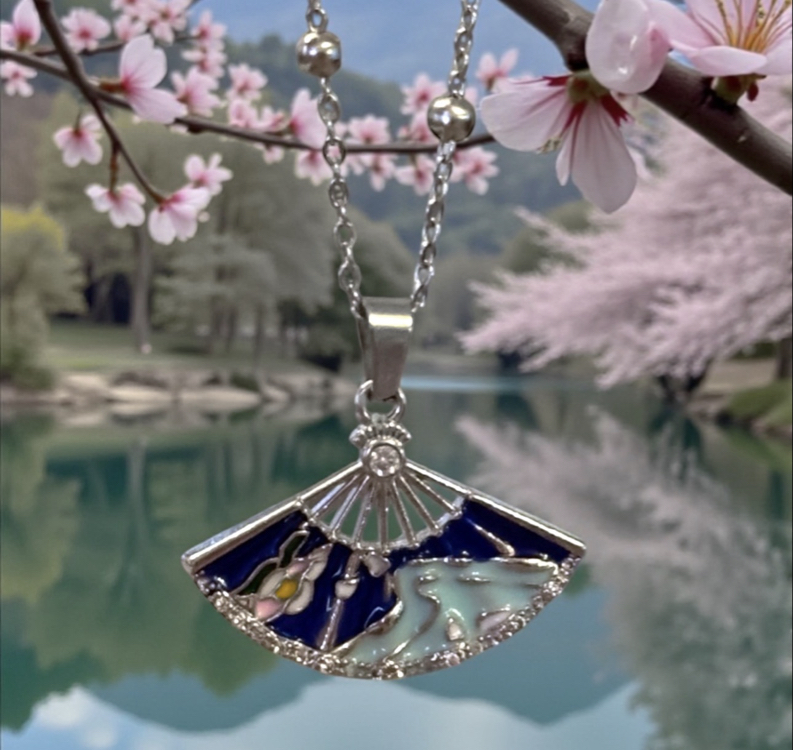 silver japanese folding fan kolye 