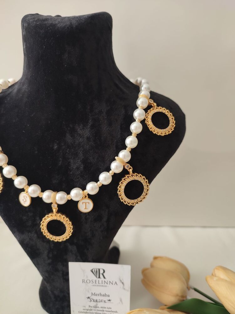 5 Çeyrekli Harfli İnci Kolye + Çeyrekli Bileklik Set | Güneş Model