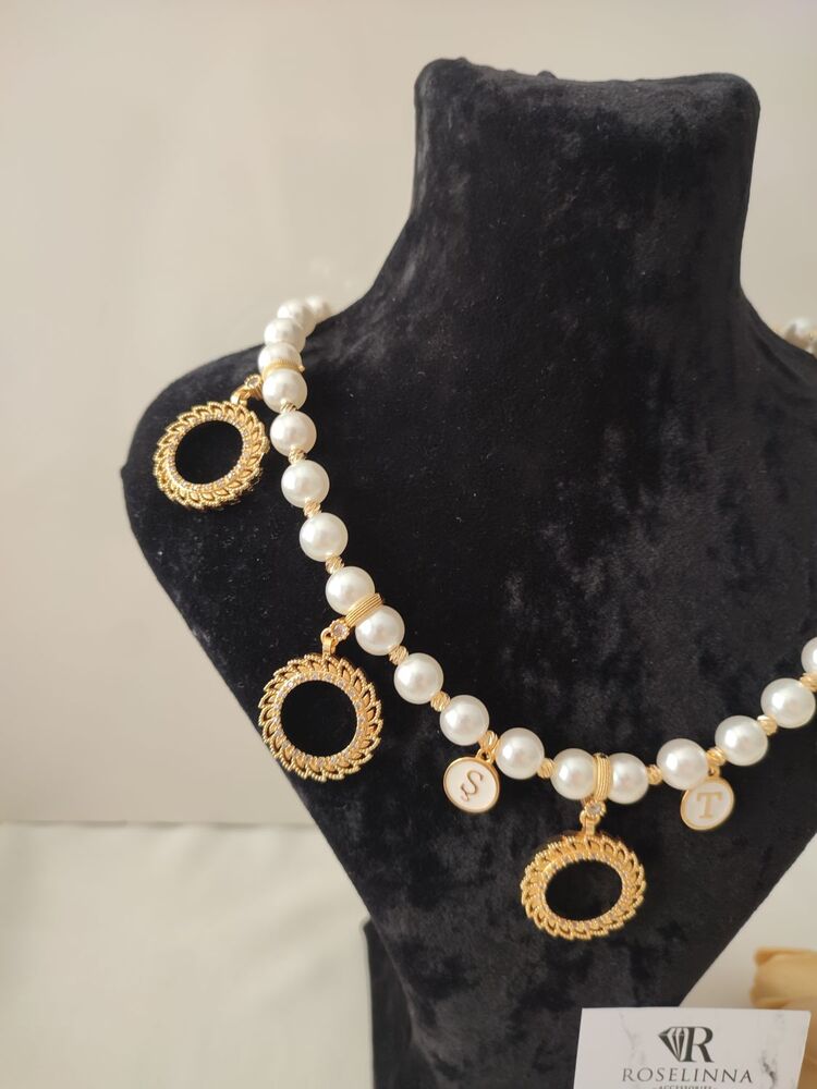 5 Çeyrekli Harfli İnci Kolye + Çeyrekli Bileklik Set | Güneş Model