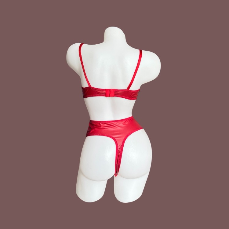 Kırmızı Destekli Deri Bodysuıt