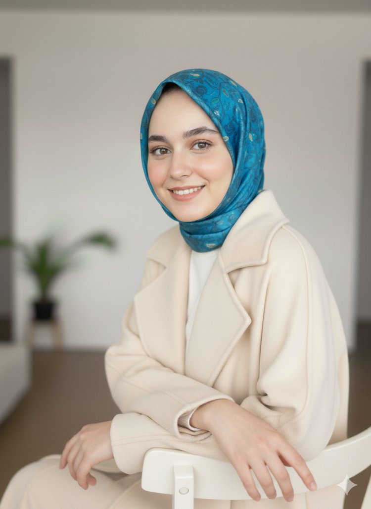 Çiçek Desenli Petrol Mavisi Soft Eşarp