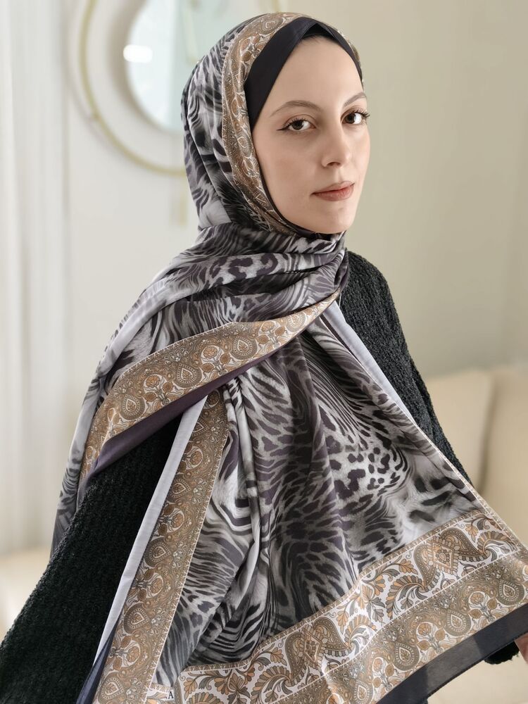 Leopar Desenli Gri Vual Şal 
