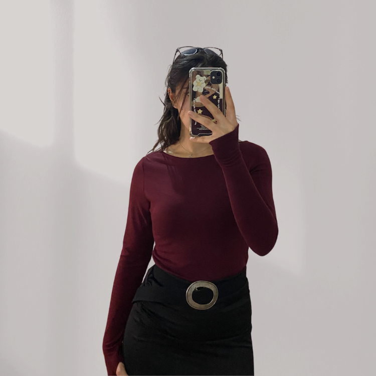 Bordo Kayık Yaka %95 Pamuk Bluz (Oysho Kumaş)
