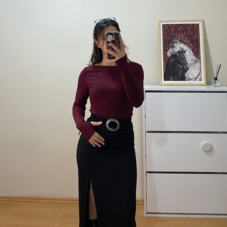Bordo Kayık Yaka %95 Pamuk Bluz (Oysho Kumaş)