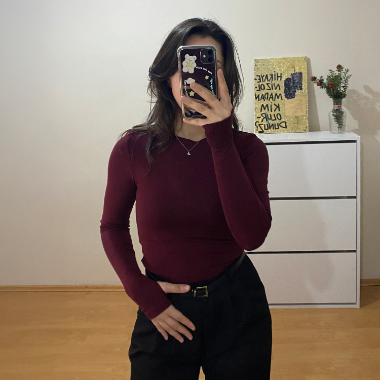 Bordo Bisiklet Yaka %95 Pamuk Bluz (Oysho Kumaş)
