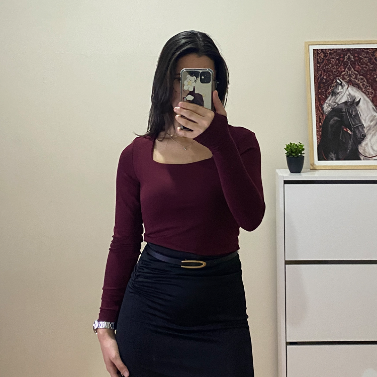 Bordo Kare Yaka %95 Pamuk Bluz (Oysho Kumaş)