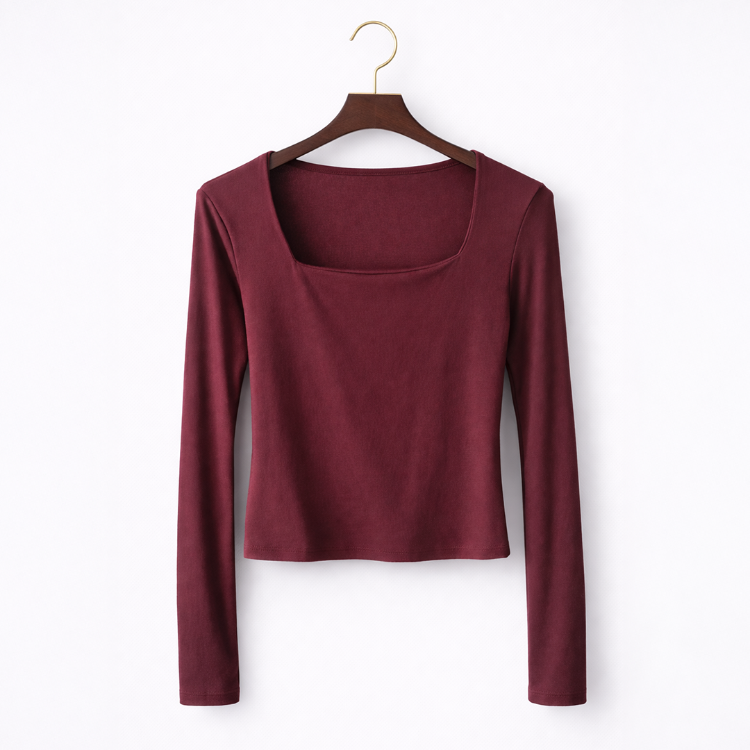 Bordo Kare Yaka %95 Pamuk Bluz (Oysho Kumaş)