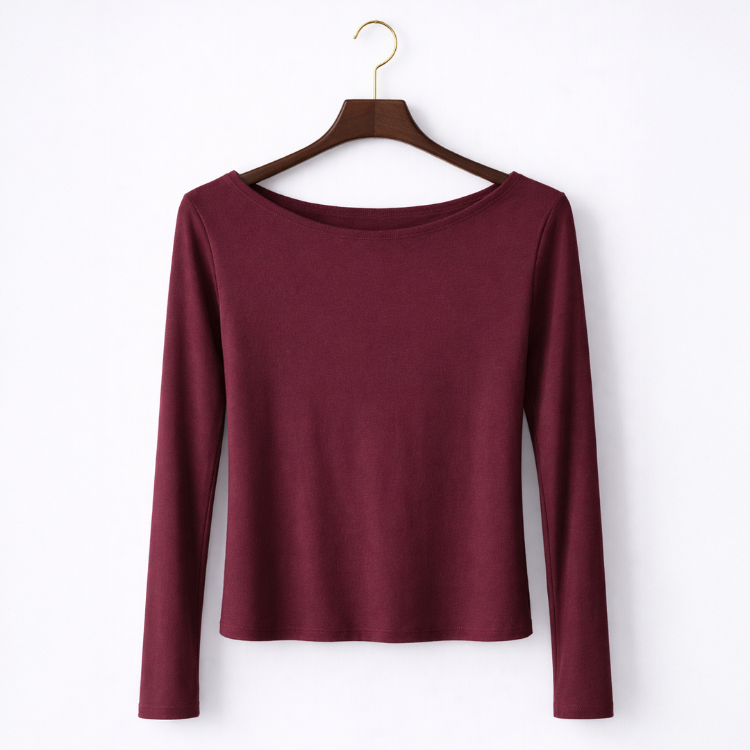 Bordo Kayık Yaka %95 Pamuk Bluz (Oysho Kumaş)