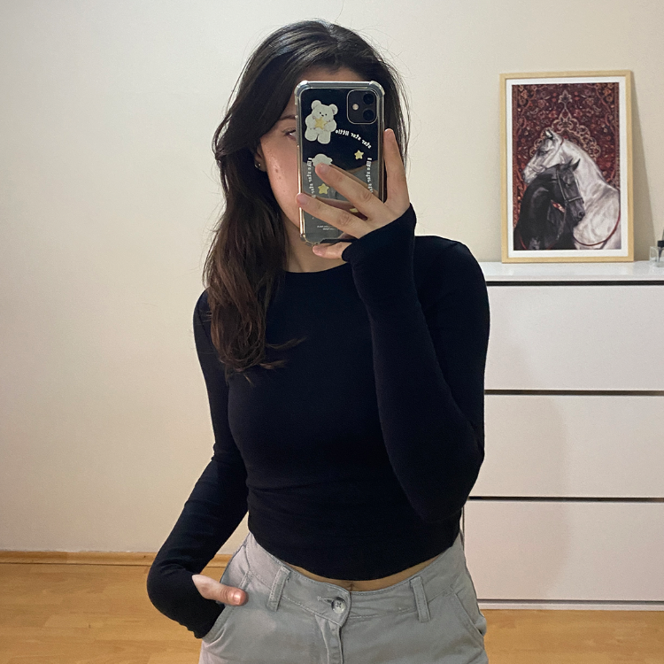 Siyah Bisiklet Yaka %95 Pamuk Bluz (Oysho Kumaş)