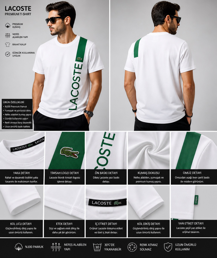 LACOSTE Şerit Detaylı Premium Tişört