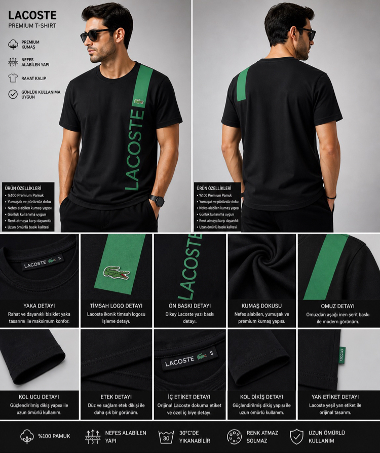 LACOSTE Şerit Detaylı Premium Tişört