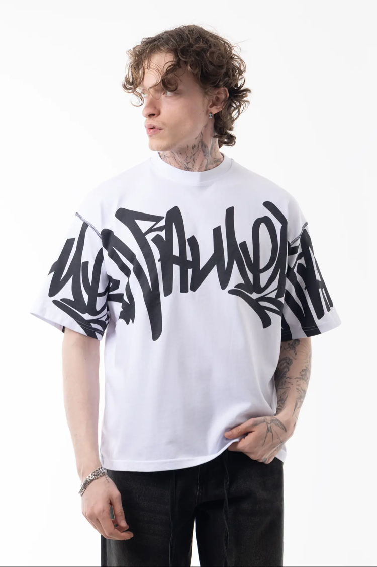 Premium Graf Oversize T-Shirt Beyaz 8499