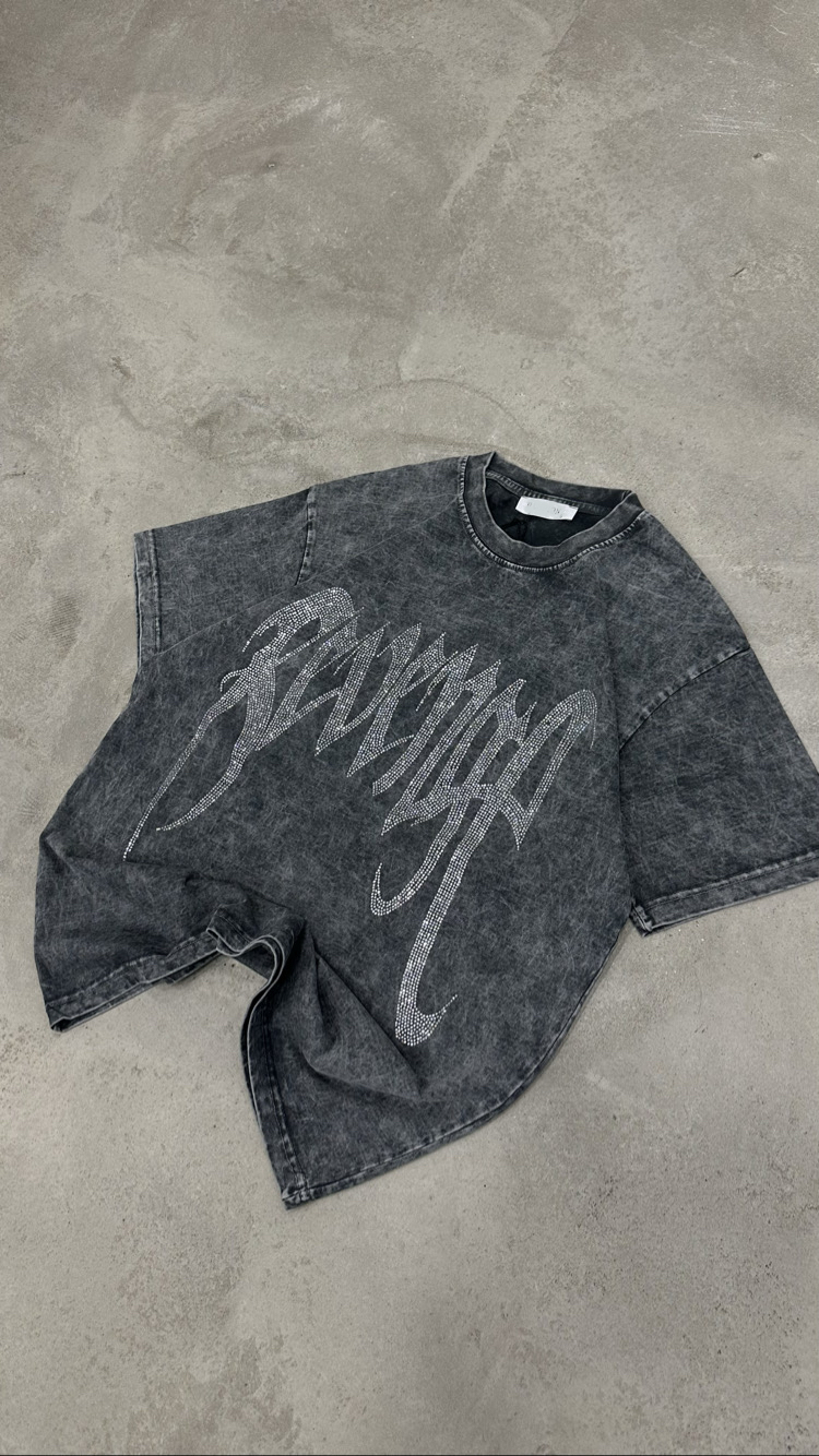 Yıkamalı Revenge Taşlı Oversize T-Shirt (Füme)