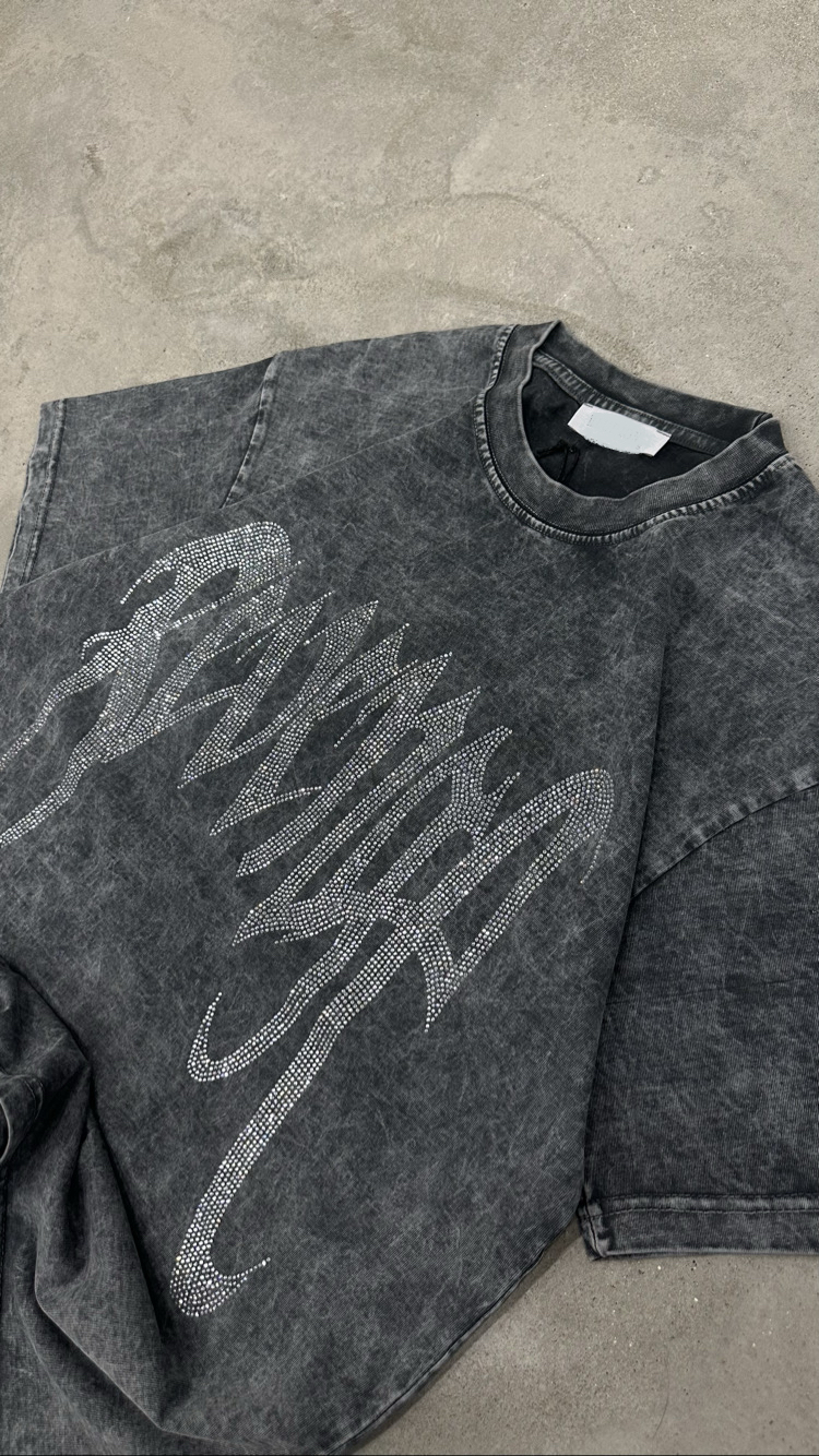 Yıkamalı Revenge Taşlı Oversize T-Shirt (Füme)