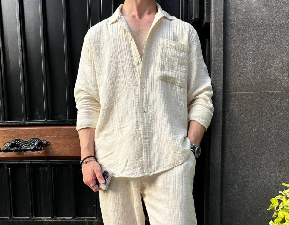 Premium Müslin Keten Oversize Gömlek Krem 8351