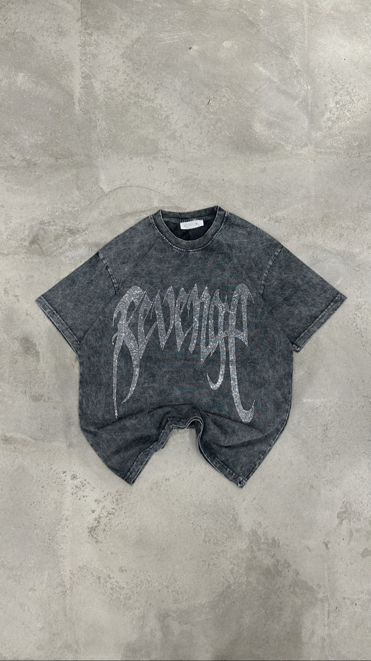 Yıkamalı Revenge Taşlı Oversize T-Shirt (Füme)