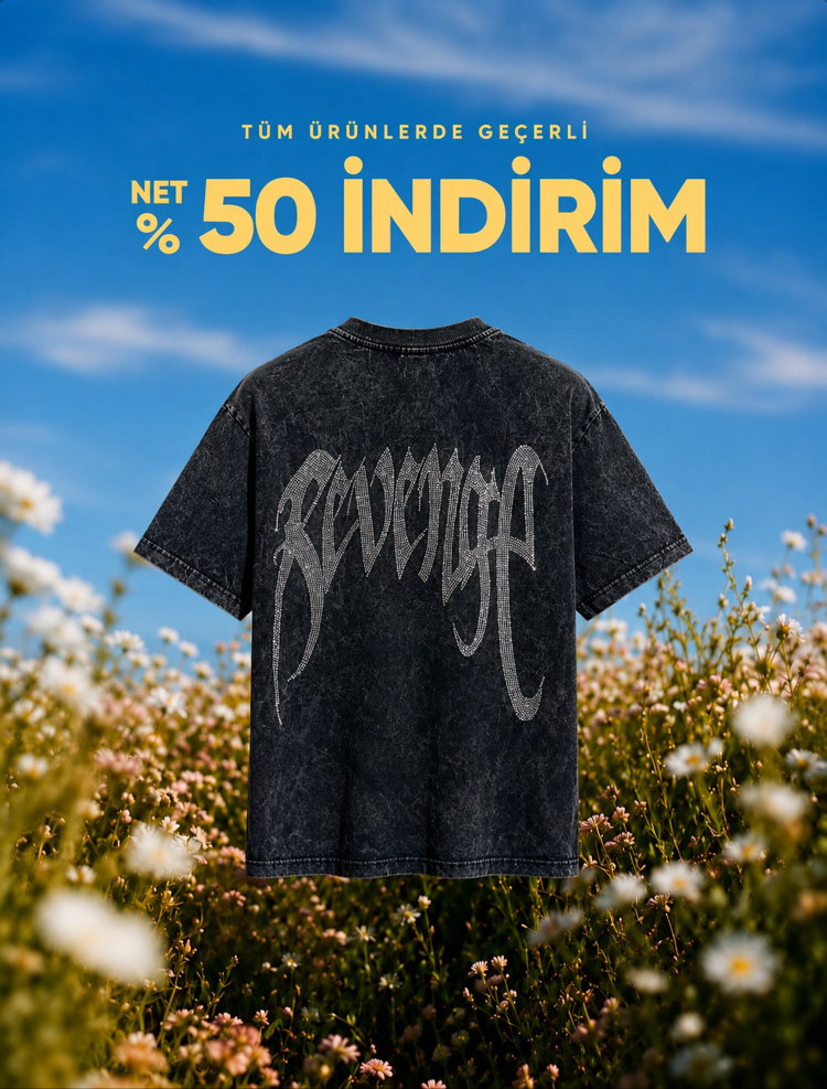 Yıkamalı Revenge Taşlı Oversize T-Shirt (Füme)