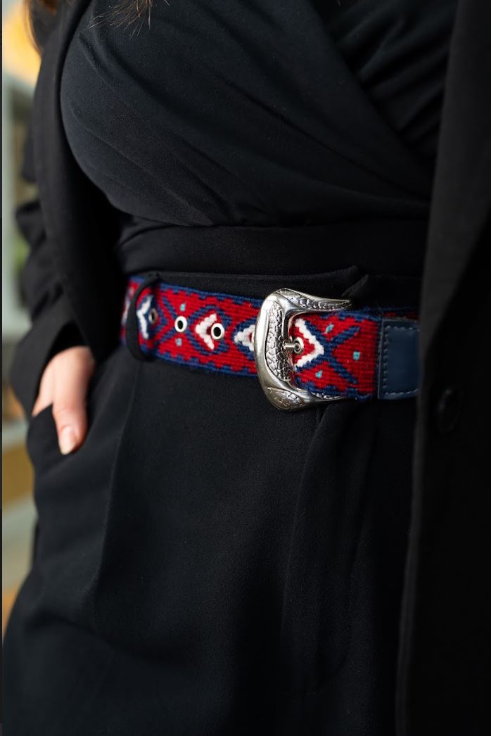 Göz-Taç Motifli El Dokuması Kilim Kemer – Bordo & Lacivert (85 cm)