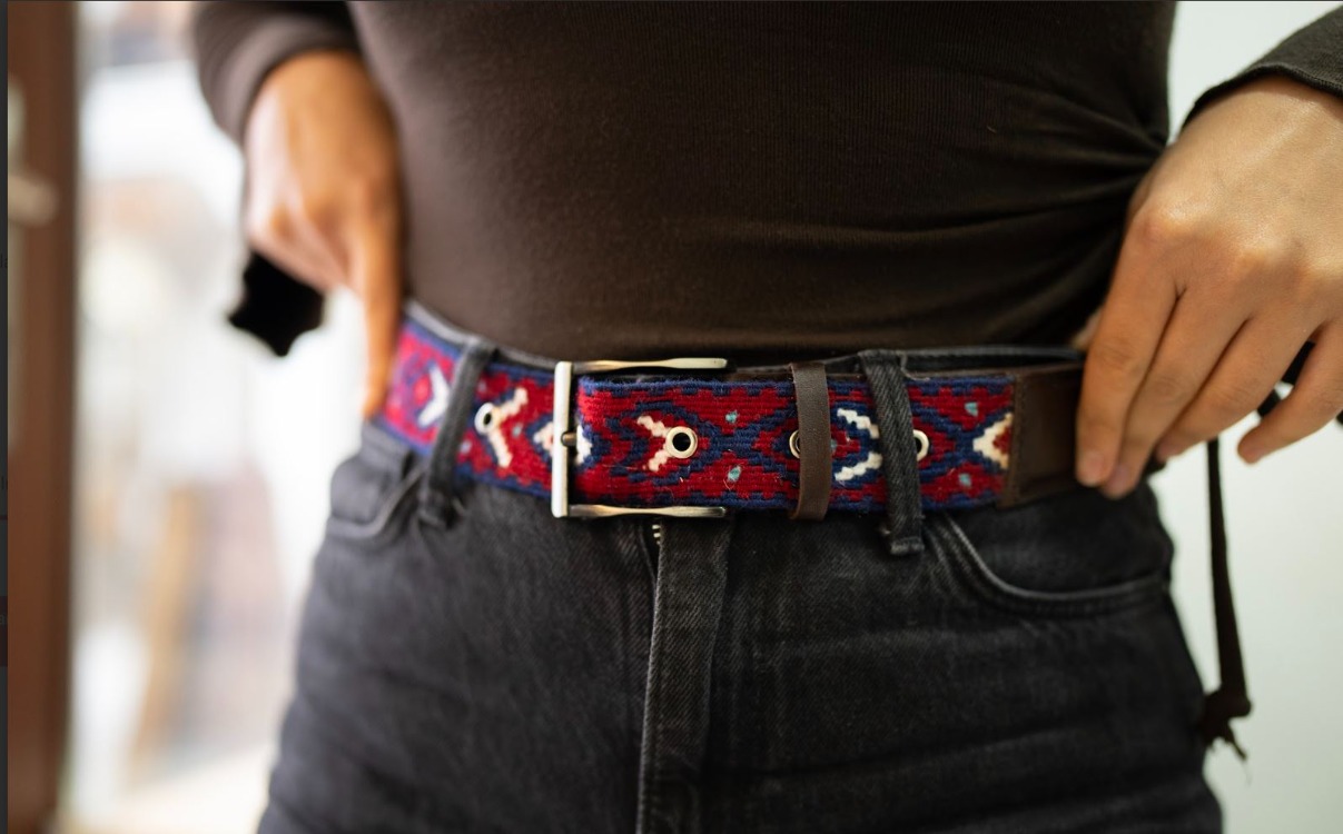 Göz-Taç Motifli El Dokuması Kilim Kemer – Bordo & Lacivert (105 cm) | XS–L Uyumlu