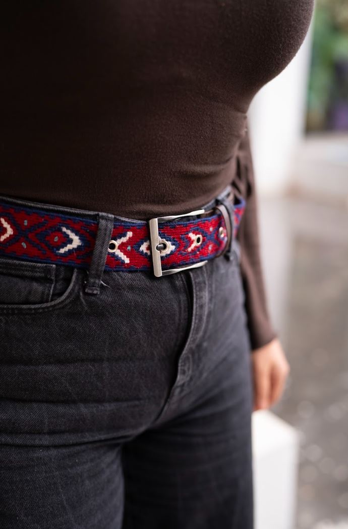 Göz-Taç Motifli El Dokuması Kilim Kemer – Bordo & Lacivert (105 cm) | XS–L Uyumlu