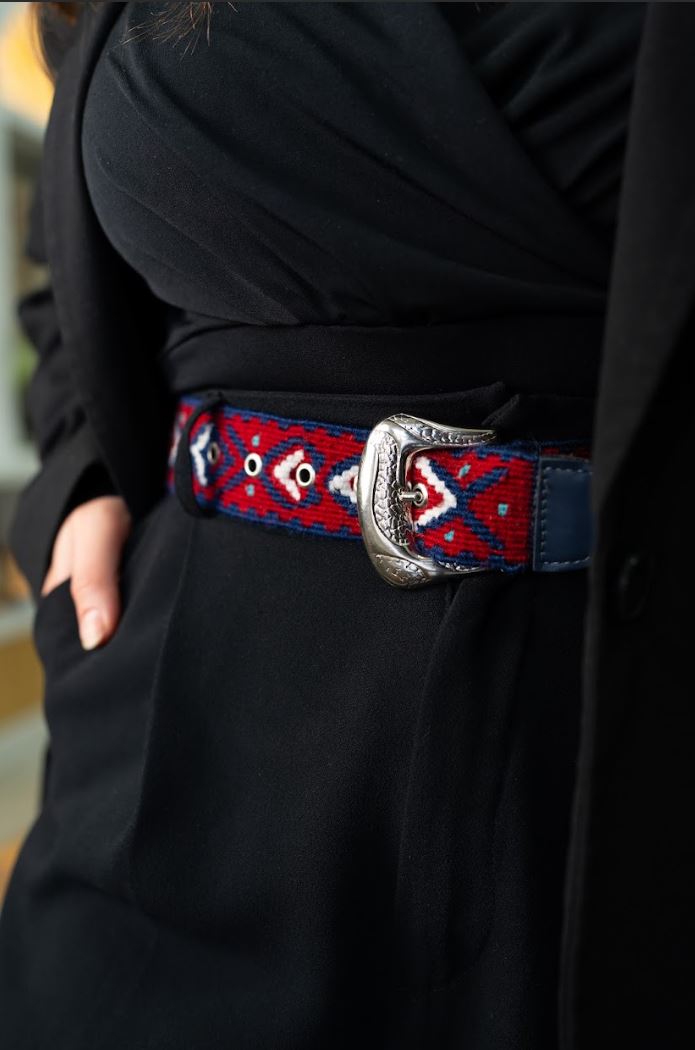 Göz-Taç Motifli El Dokuması Kilim Kemer – Bordo & Lacivert (85 cm)