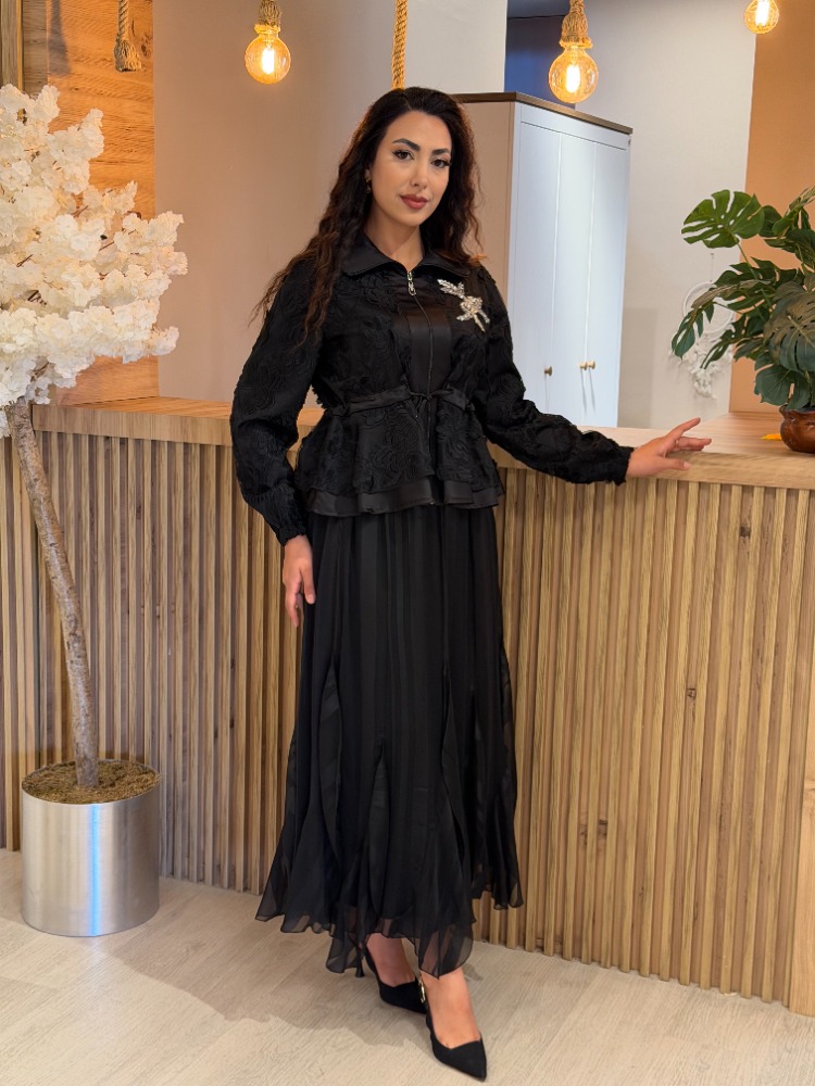 SELİNADA YAKMA DESENLİ CEKET ETEKLİ TAKIM 