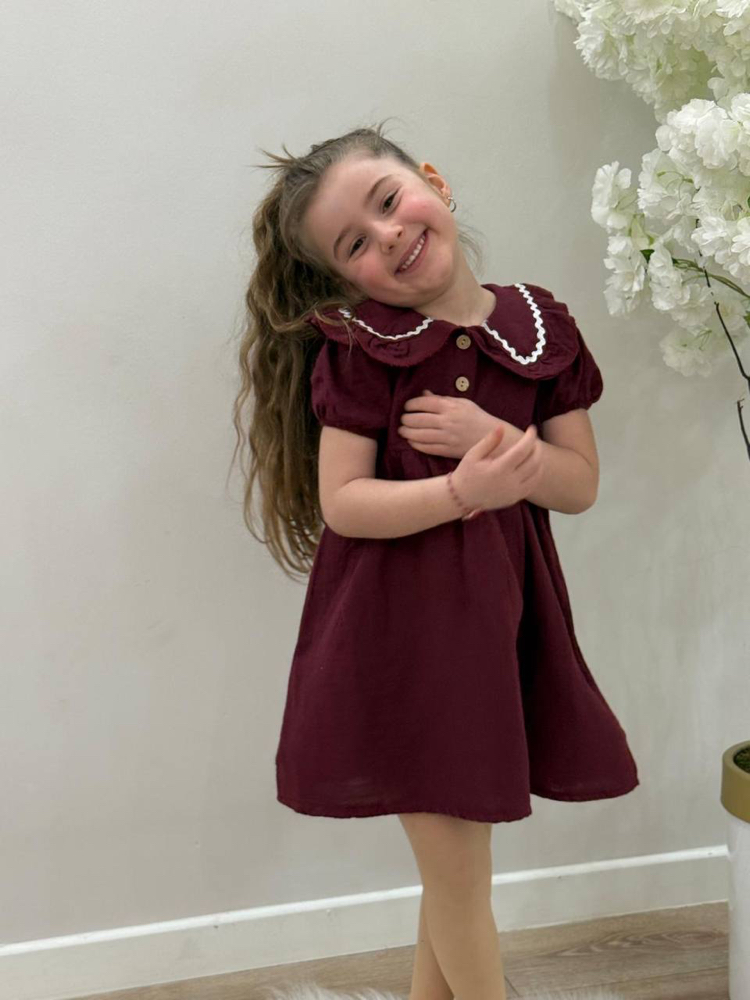 Kız Çocuk Bordo Bebe Yaka Elbise 