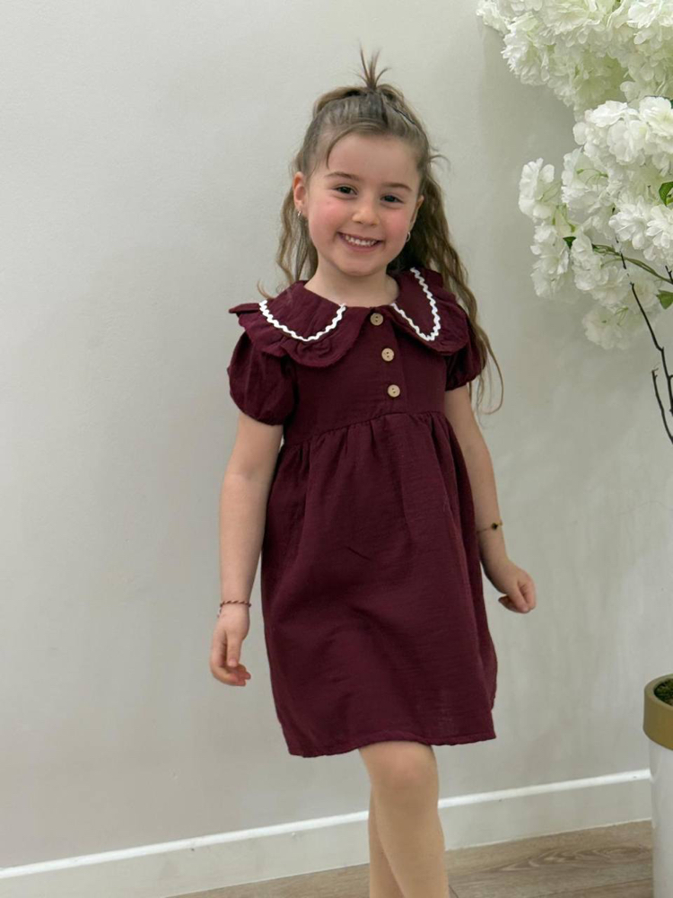 Kız Çocuk Bordo Bebe Yaka Elbise 