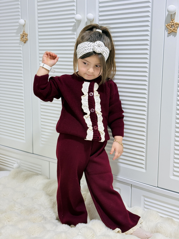 Kız Çocuk Bordo Güpür Detaylı Takım
