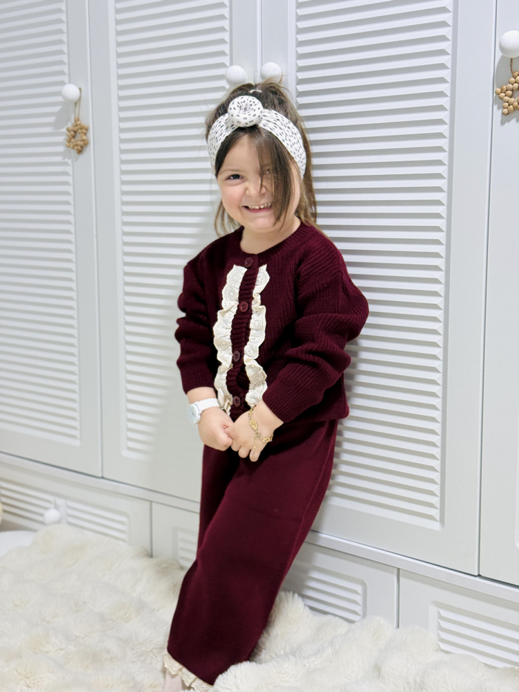 Kız Çocuk Bordo Güpür Detaylı Takım