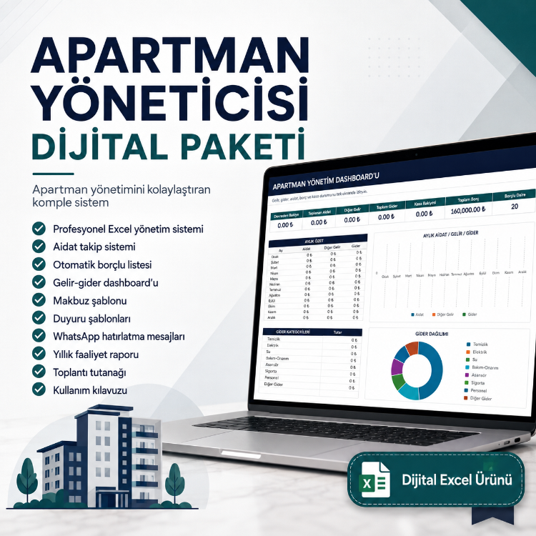 Apartman Yöneticisi Dijital Paketi | Aidat Takip, Gelir-Gider ve Dashboard Excel Sistemi