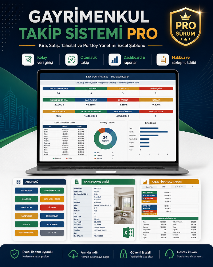Gayrimenkul Takip Sistemi PRO | Kira, Satış, Tahsilat ve Portföy Yönetimi Excel Şablonu