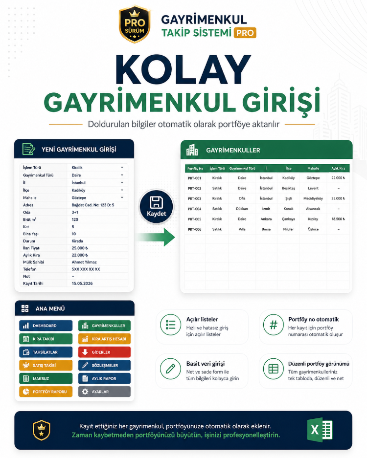 Gayrimenkul Takip Sistemi PRO | Kira, Satış, Tahsilat ve Portföy Yönetimi Excel Şablonu