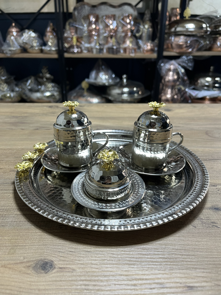 Çiçek Detaylı Bakır Fincan Takımı 