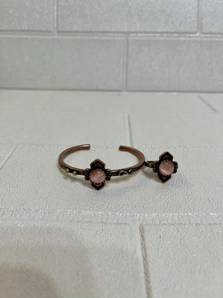 Toz Pembe Kedi Gözü Doğal Taşlı Bakır Bileklik ve Yüzük 