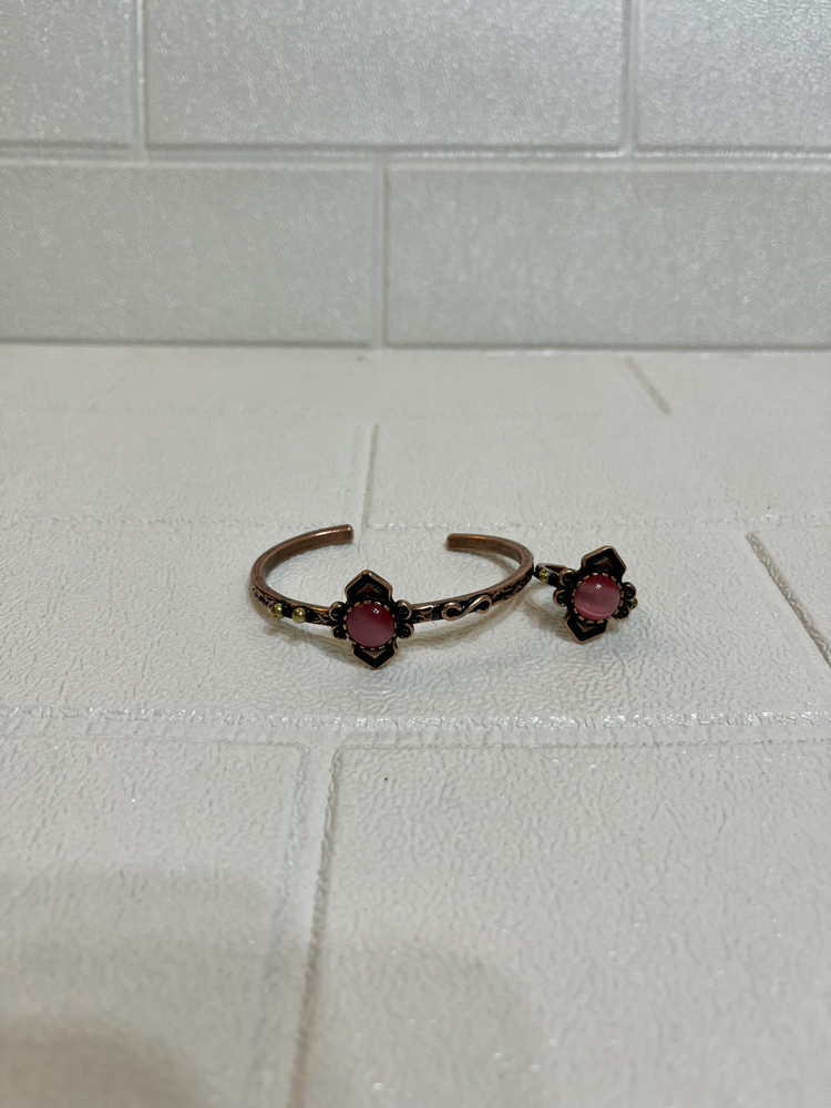 Pembe Kedi Gözü Doğal Taşlı Bakır Bileklik ve Yüzük