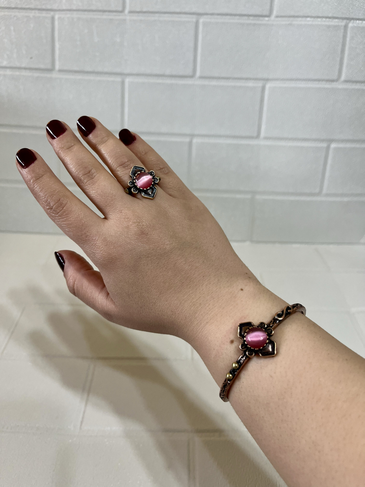 Pembe Kedi Gözü Doğal Taşlı Bakır Bileklik ve Yüzük
