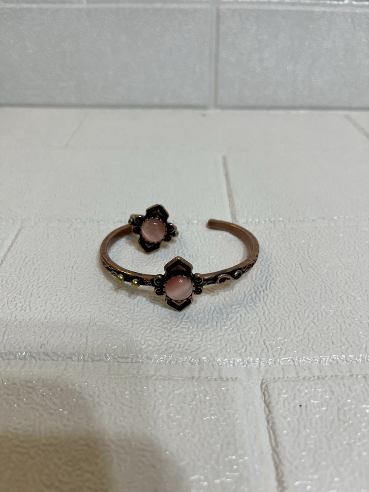 Toz Pembe Kedi Gözü Doğal Taşlı Bakır Bileklik ve Yüzük 