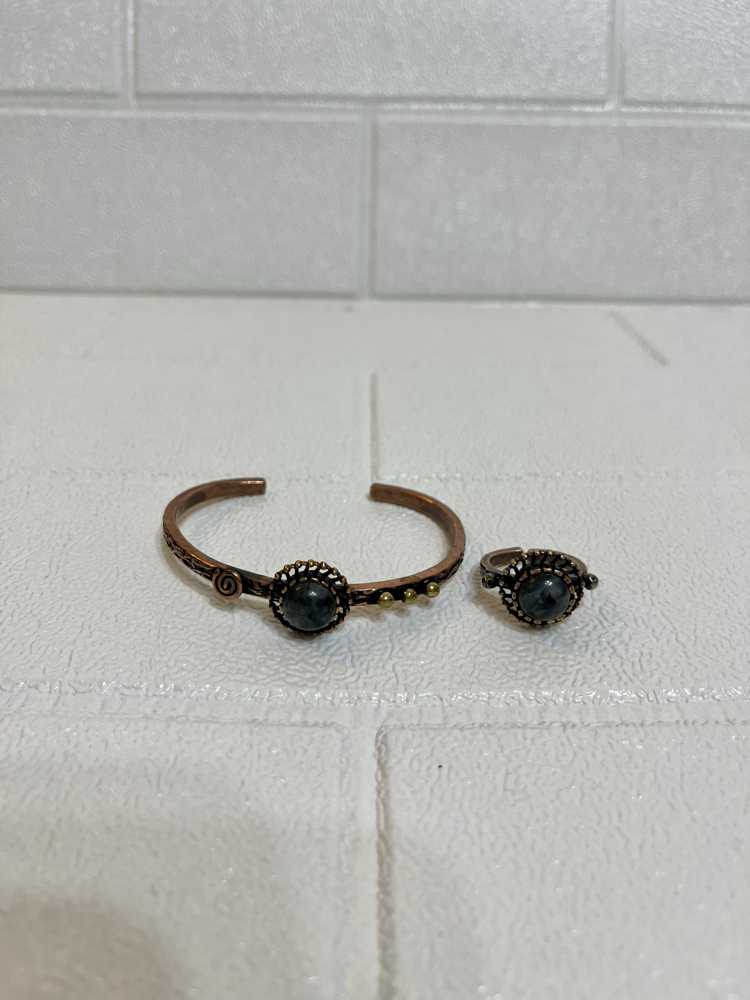 Gri Jasper Doğal Taşlı Bakır Bileklik ve Yüzük