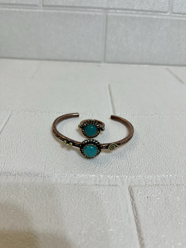 Mavi Akik Doğal Taşlı Bakır Bileklik&Yüzük