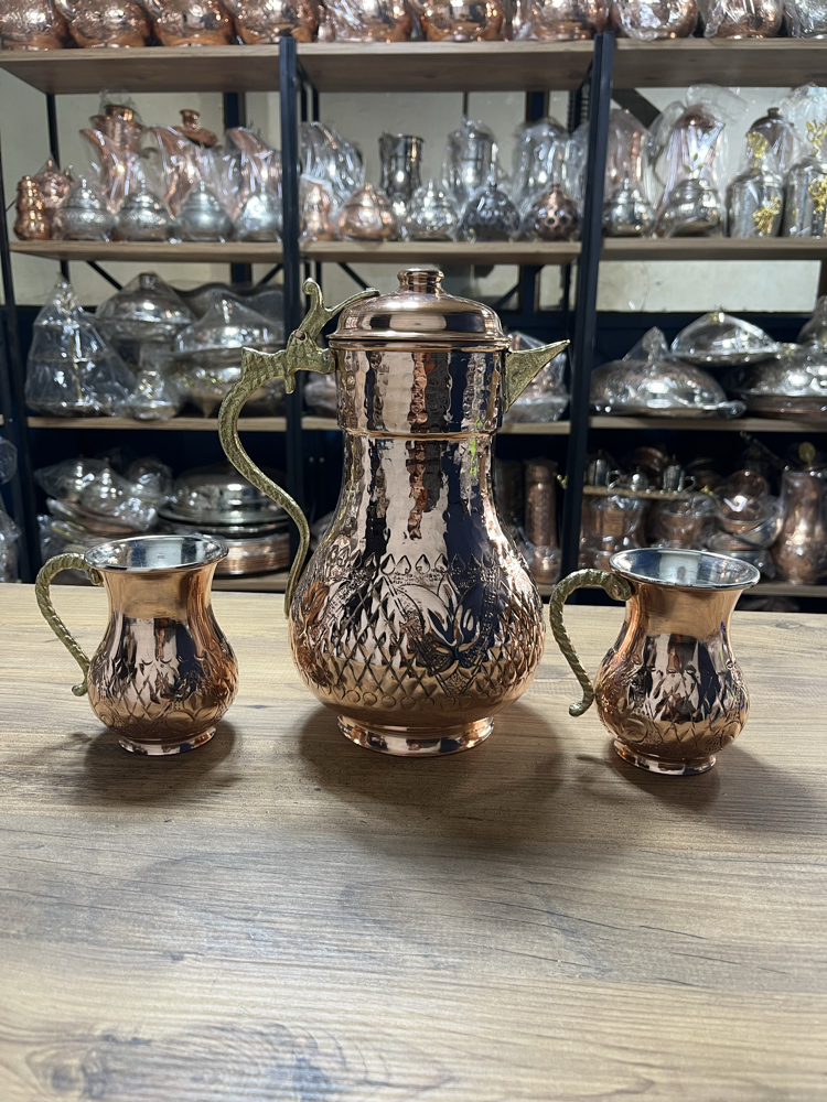 Lale Motifli Kapaklı Bakır Sürahi ve Bardak