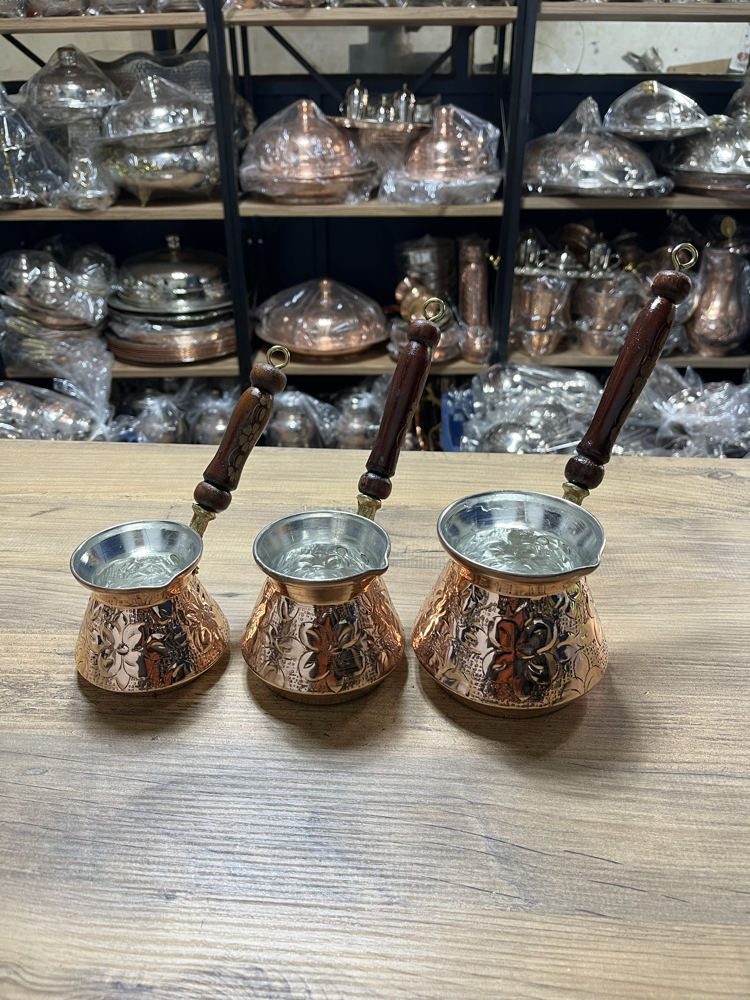 Kabartma Nakışlı Bakır Cezve Seti