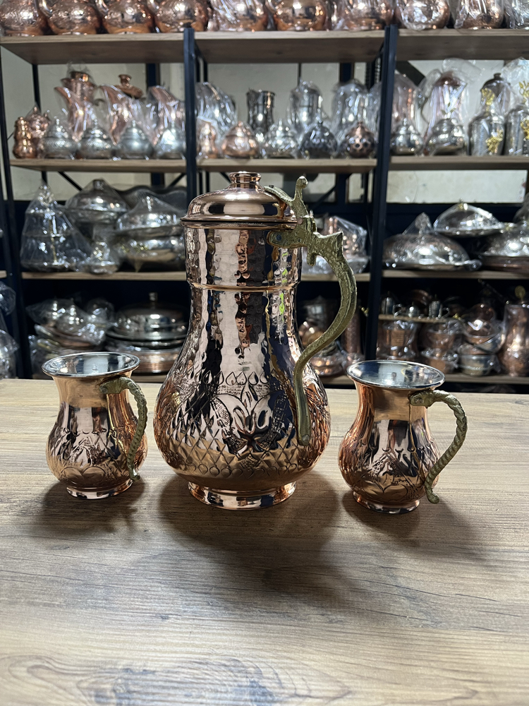 Lale Motifli Kapaklı Bakır Sürahi ve Bardak
