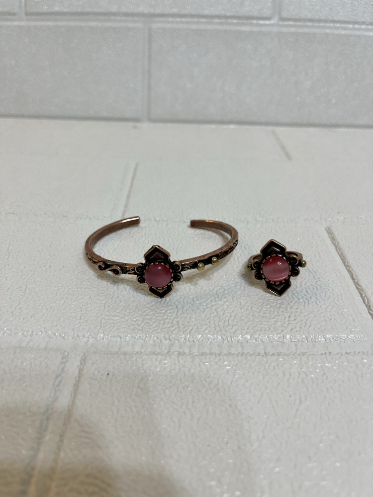 Pembe Kedi Gözü Doğal Taşlı Bakır Bileklik ve Yüzük