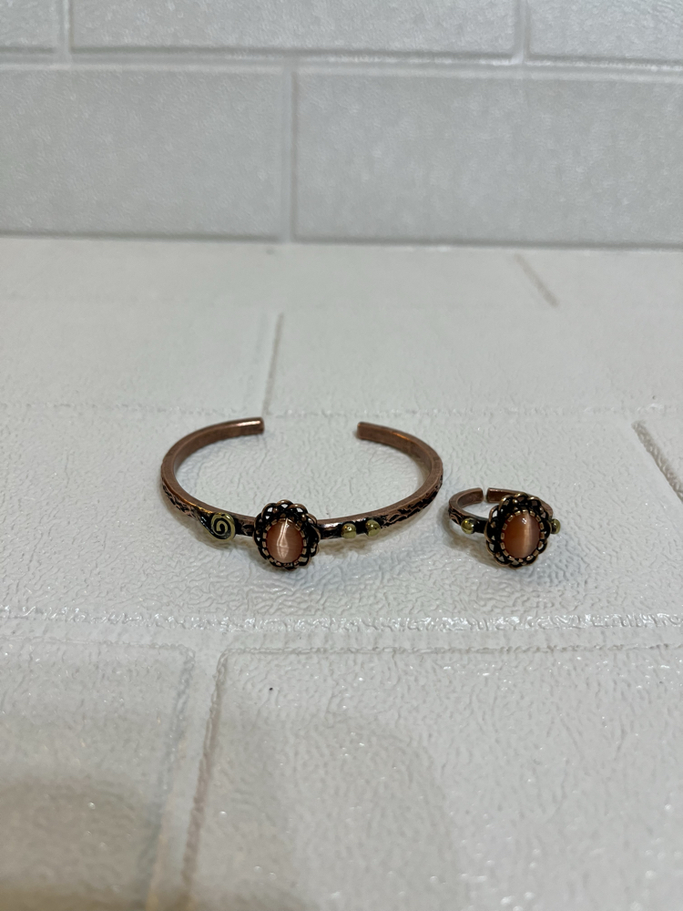 Turuncu Kedi Gözü Doğal Taşlı Bakır Bileklik ve Yüzük