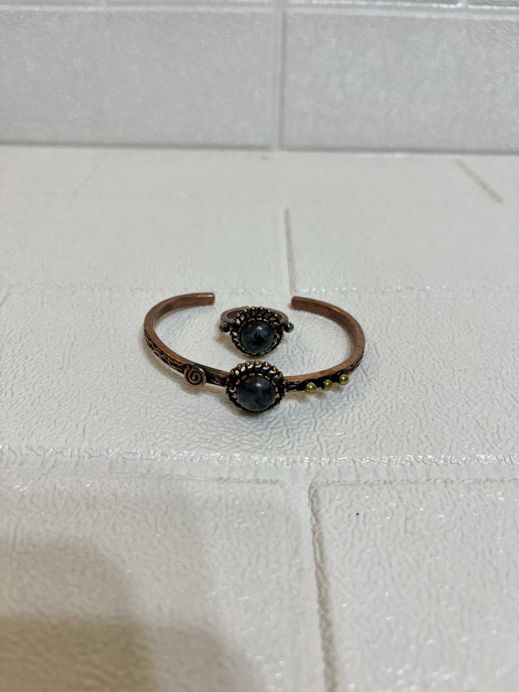 Gri Jasper Doğal Taşlı Bakır Bileklik ve Yüzük
