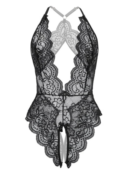 Kadın Siyah Dantel Derin Dekolteli Babydoll
