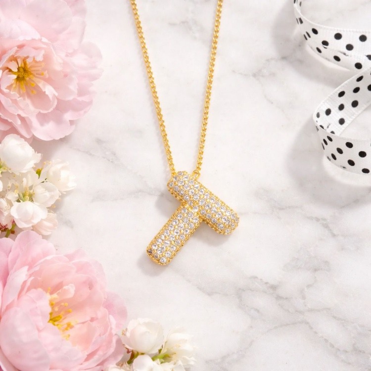 Zirkon Taşlı T Harf Kolye | Gold Çelik Minimal Harf Kolye