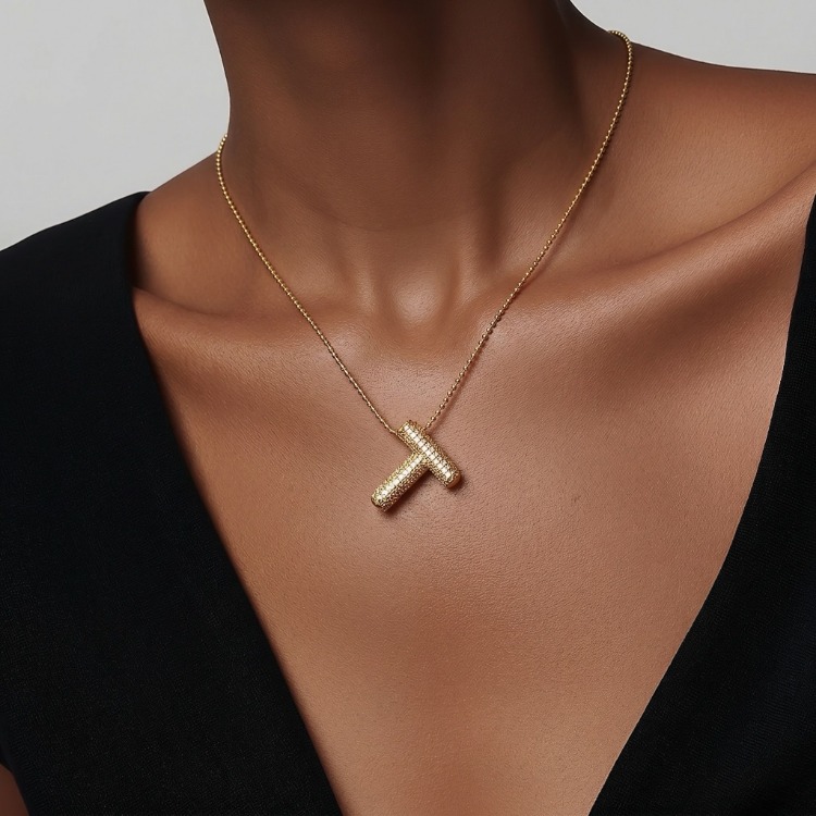 Zirkon Taşlı T Harf Kolye | Gold Çelik Minimal Harf Kolye